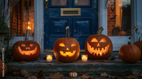 Glowing jack-o'-lanterns on doorstep with candles and autumn leaves