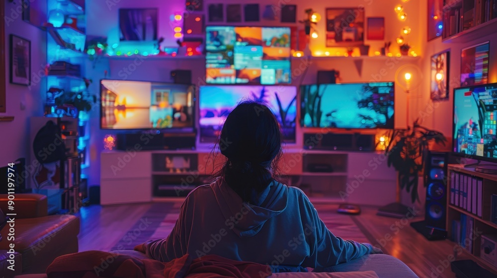 Immersed in Digital Chaos - Person in Modern Living Room Surrounded by Screens and LED lights Immersed in Digital Chaos - Person in Modern Living Room Surrounded by Screens and LED lights