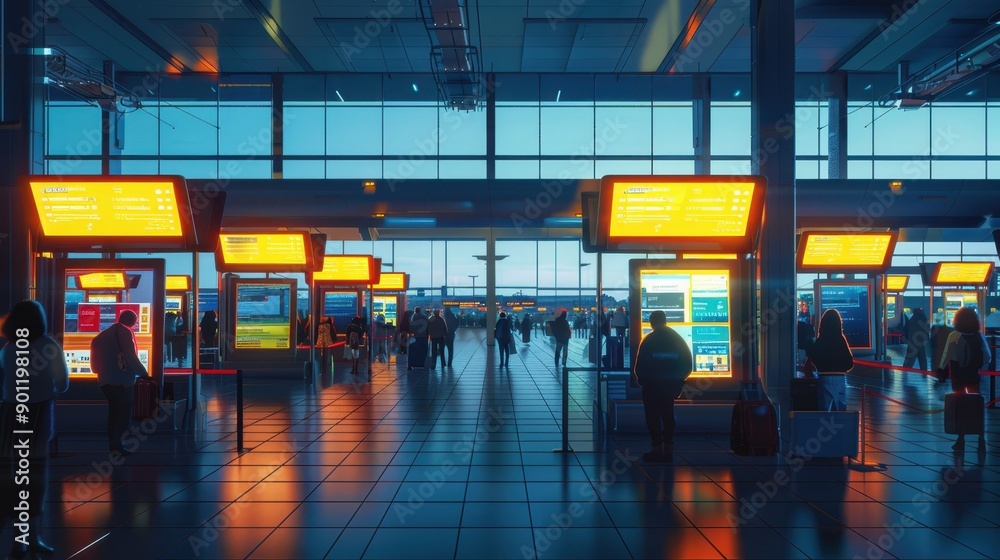 Modern Airport Terminal: Immersed Travelers in Digital World, Contrast of Bright Screens in Dim Setting, Hyper-Realistic Wide Shot of Isolated Connectivity Modern Airport Terminal: Immersed Travelers in Digital World, Contrast of Bright Screens in Dim Setting, Hyper-Realistic Wide Shot of Isolated Connectivity