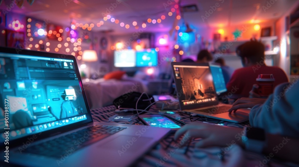 Connected yet Alone: Vibrant College Dorm Room with Roommates Engrossed in Screens, Hyper-Realistic Depiction of Modern Isolation