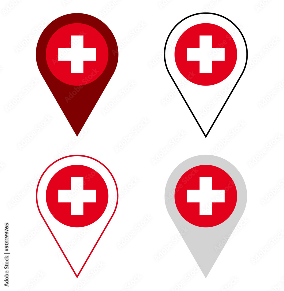 Fototapeta premium Swiss flag pointer Switzerland map pin location sign vector suisse red cross hospital pharmacy icon first aid symbol