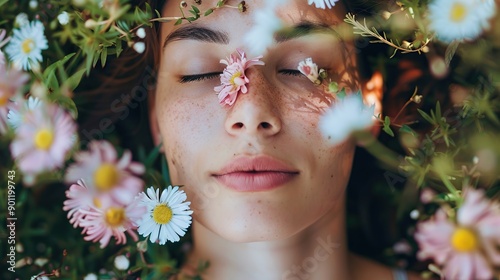 A woman is laying in a field of flowers with her face covered in them. She is relaxed and enjoying the moment