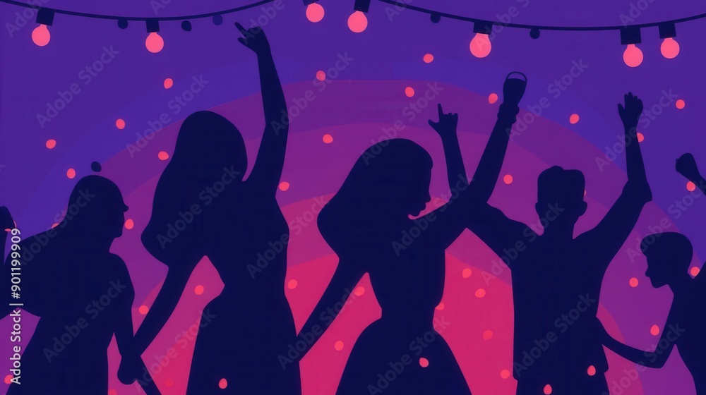 Nightlife scene, people enjoying music and dance, copy space, flat design illustration, , Nightlife scene, people enjoying music and dance, copy space, flat design illustration, ,