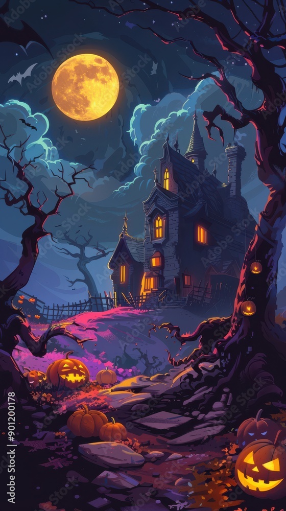 Halloween Night Landscape with Haunted House Halloween Night Landscape with Haunted House