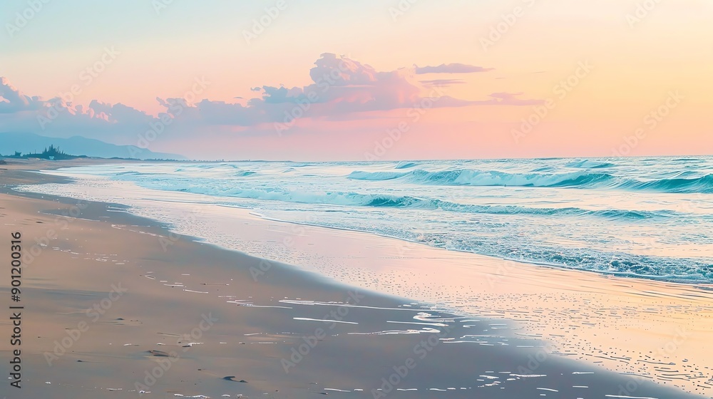 Fototapeta premium A beach at sunset with a pink and blue sky.