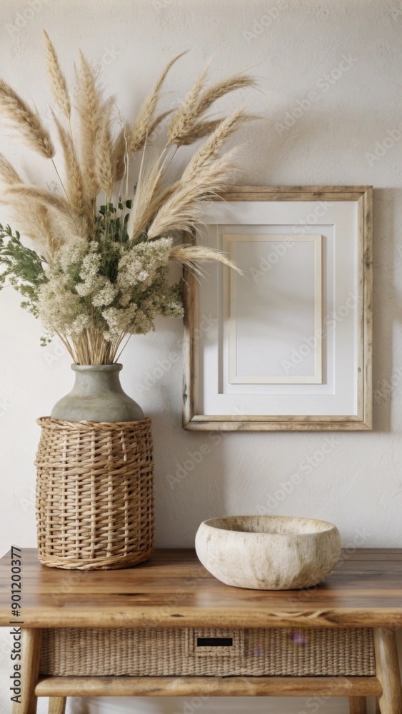 Fototapeta premium A rustic wooden table is adorned with a decorative arrangement. 