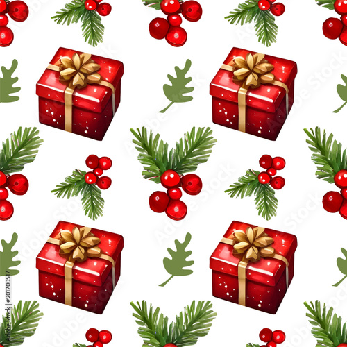 Seamless pattern with red gift boxes, fir branches and berries on white background