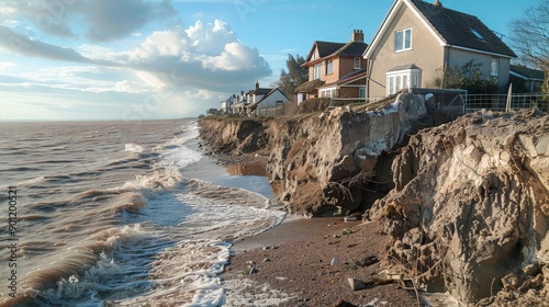 Fototapeta Naklejka Na Ścianę i Meble -  Coastal erosion with houses on the brink of collapsing into the sea