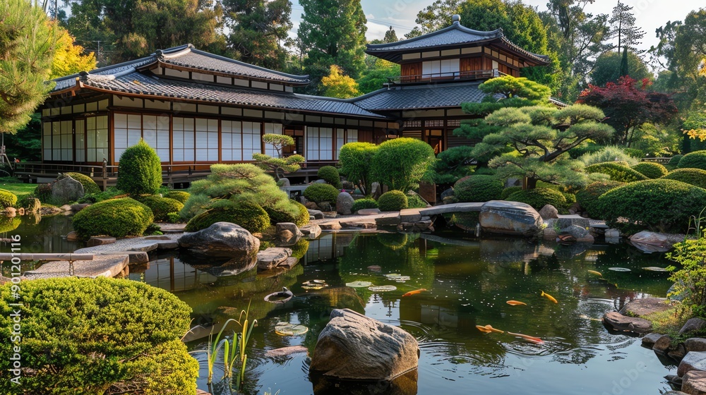 A Japanese garden with a pond and a traditional wooden building. A Japanese garden with a pond and a traditional wooden building.