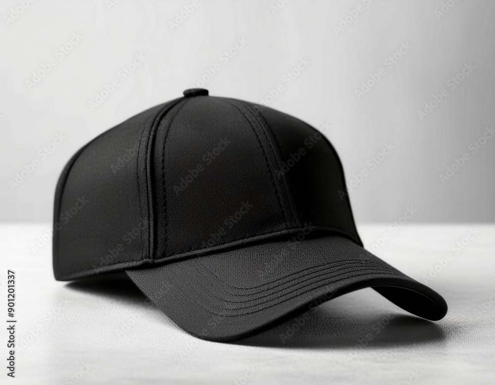 Black cap on table against white background in empty design mock up Black cap on table against white background in empty design mock up