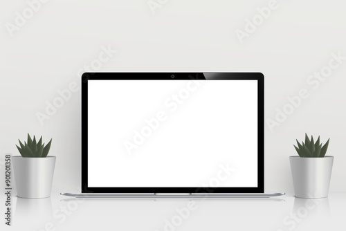 Glossy white table with laptop mockup