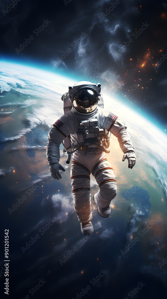 An astronaut floats in space above a blue planet with a starry background. An astronaut floats in space above a blue planet with a starry background.