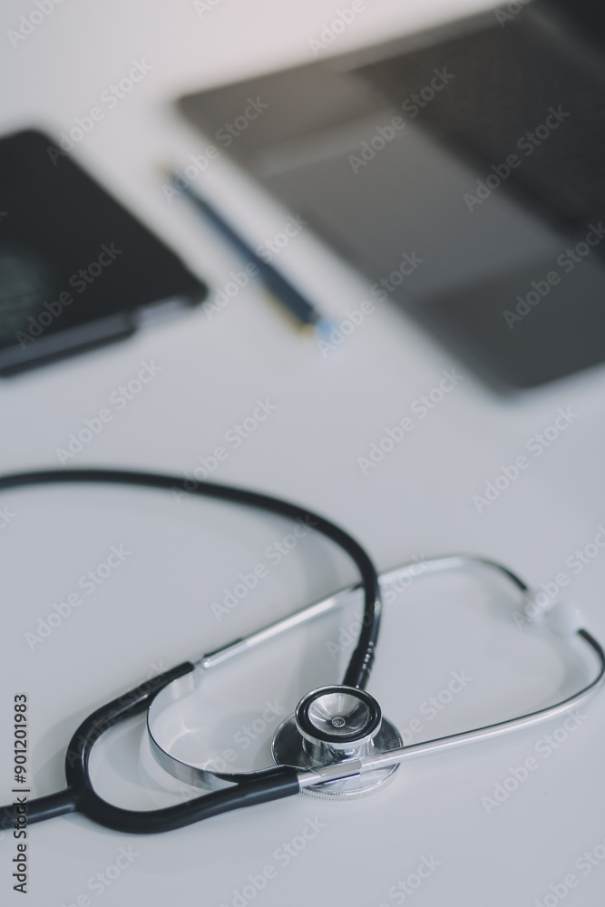 Health care billing statement with stethoscope, bottle of medicine for doctor's work in medical center stone background. Health care billing statement with stethoscope, bottle of medicine for doctor's work in medical center stone background.