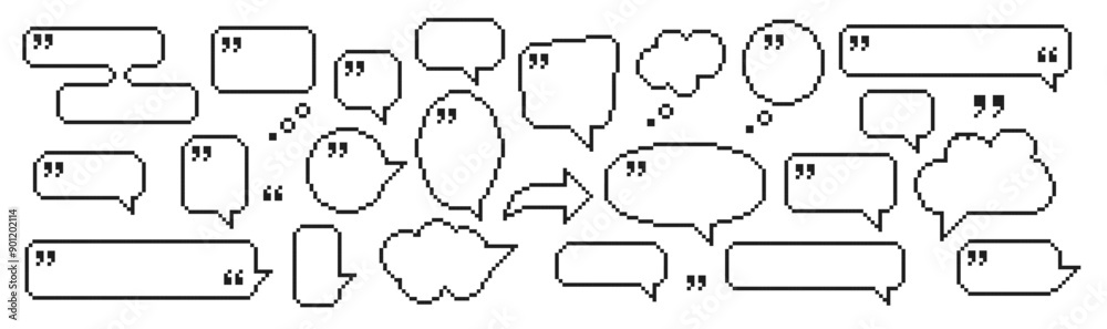 8 bit pixel speech bubbles and dialog boxes with quotation marks. Message icons for computer game. Vector illustration.