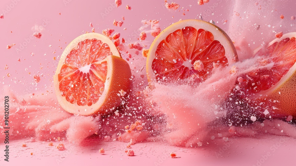 Fototapeta premium Grapefruit slices with pink powder on a fuzzy pink background
