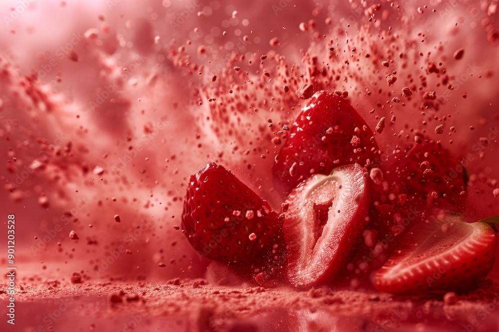.Chaotic explosion of colors with sliced strawberries on a blurry background . .Chaotic explosion of colors with sliced strawberries on a blurry background .