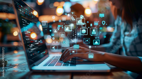Closeup image of a business man's hands working and typing on laptop computer keyboard on office table.Business intelligence.