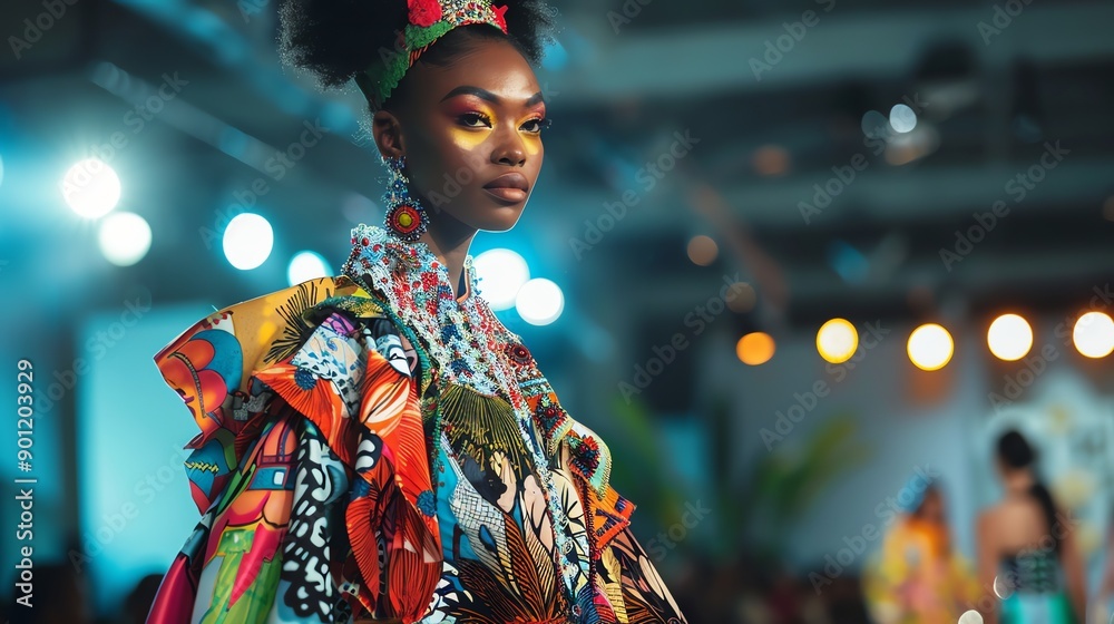 A black model walks the runway in a colorful, feathered headdress. A black model walks the runway in a colorful, feathered headdress.