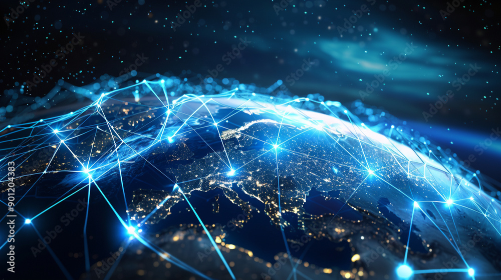 dynamic digital world map emphasize Western Europe continental for AI powered global network connectivity big data transfer cyber technology network information exchange and telecommunication conc dynamic digital world map emphasize Western Europe continental for AI powered global network connectivity big data transfer cyber technology network information exchange and telecommunication conc