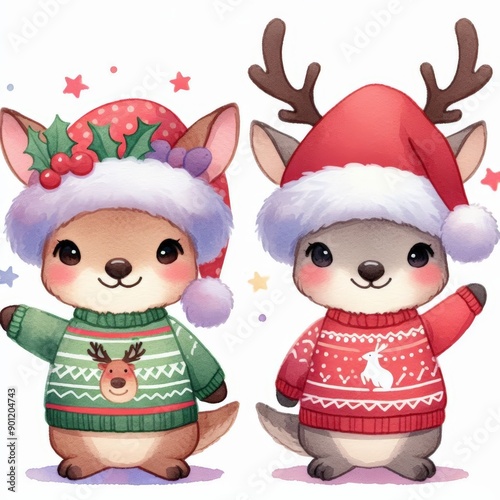 Two cute cartoon deer wearing Christmas hats and sweaters.  One is wearing a green sweater and the other is wearing a red sweater.