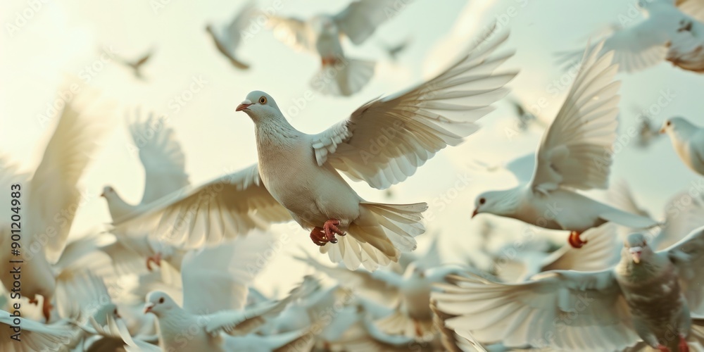 Obraz premium Flock of white pigeons in flight