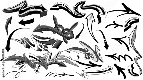 Set of arrow shapes elements in graffiti style. Black and white graffiti arrows drawing vector art