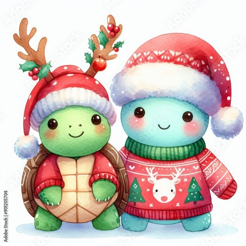 Two cute cartoon turtles wearing Christmas hats and sweaters.  One has reindeer antlers.  Perfect for holiday cards or decorations.