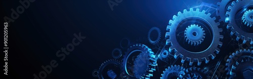 Abstract blue digital technology background with gears and cogs, dark blue banner for web design. A close up of gears in a blue background. Digital low poly 3d gears.