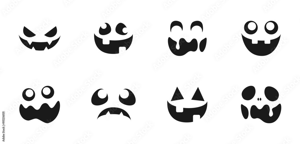 Fototapeta premium Scary Monster Faces Silhouette Set. Jack O Lantern Face Halloween Pumpkin Icon Collection. Simple Creepy Horror Illustrations.