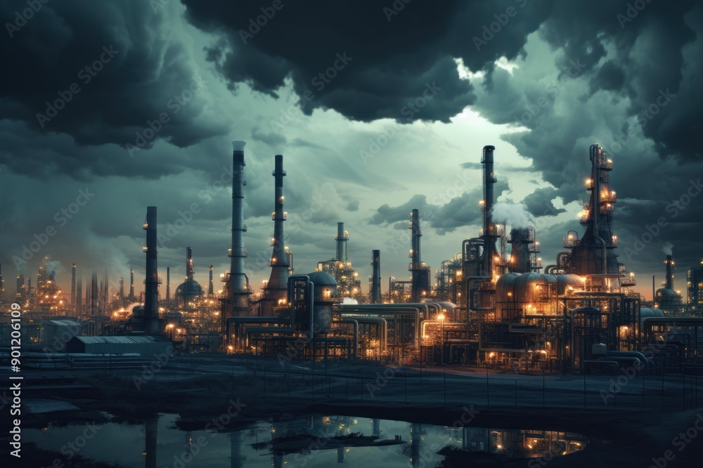 Naklejka premium Stunning nocturnal view of a busy, illuminated industrial complex under a brooding, cloud-filled sky