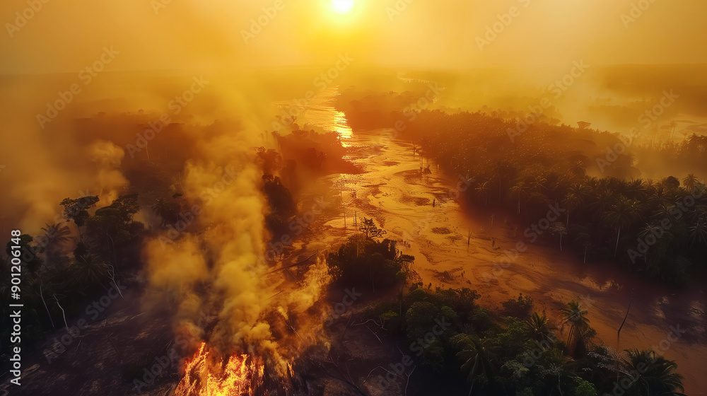 Sunset over forest fire, smoke rising into the orange sky, creating an alarming atmosphere Sunset over forest fire, smoke rising into the orange sky, creating an alarming atmosphere
