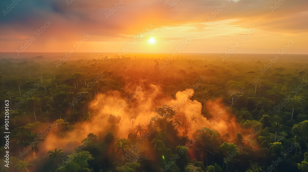 Sunrise over rainforest casting golden hues and mist across lush canopy Sunrise over rainforest casting golden hues and mist across lush canopy