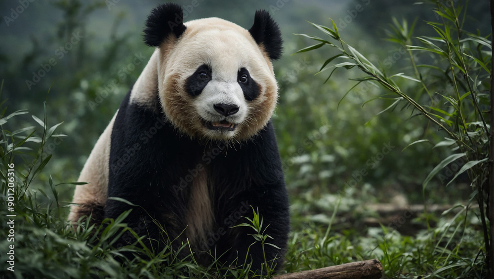 Panda sits in a green clearing near bamboo Panda sits in a green clearing near bamboo