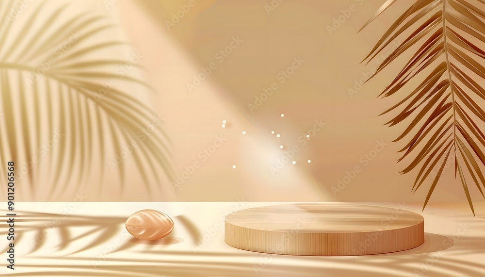 wood podium with tropical leaf on beige background wood podium with tropical leaf on beige background