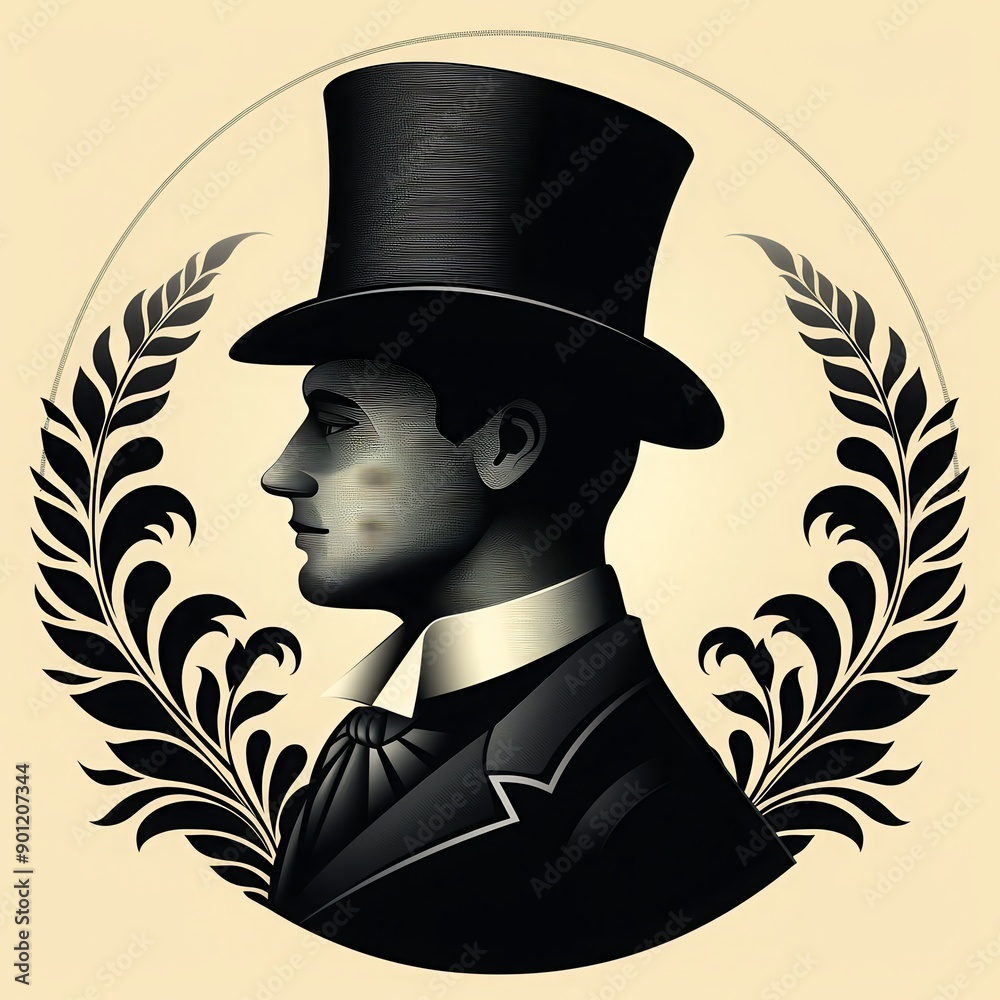 Vintage illustration of a gentleman in a top hat. Elegant profile with ...