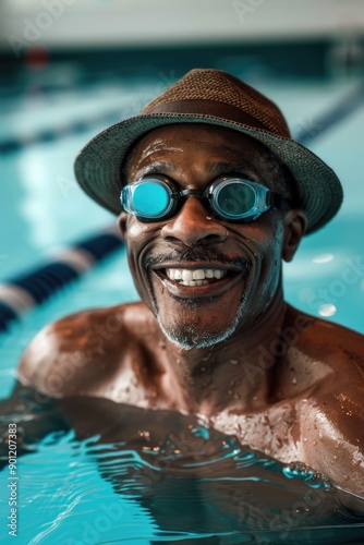 Man in Hat and Goggles Swimming