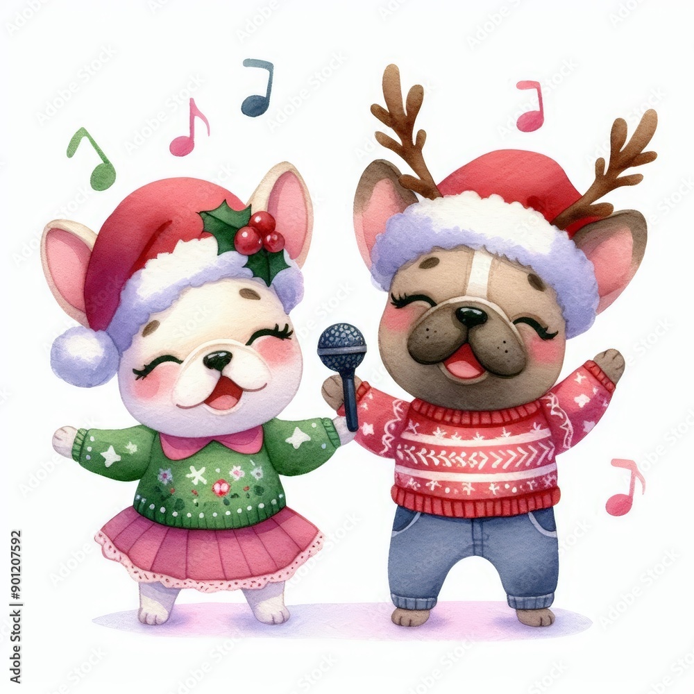 Two cute French Bulldogs in Santa hats singing Christmas carols. Two cute French Bulldogs in Santa hats singing Christmas carols.