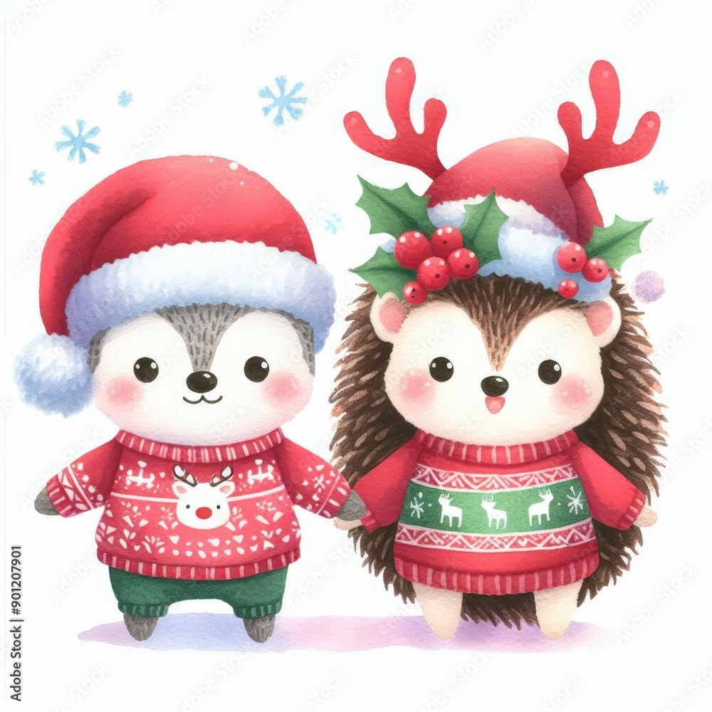 Two cute hedgehogs in Christmas sweaters and hats holding hands against a snowy background. Two cute hedgehogs in Christmas sweaters and hats holding hands against a snowy background.