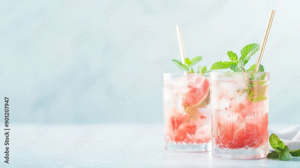 Refreshing summer cocktails with watermelon and mint in tall glasses on a light background. Perfect for summer refreshment concept.
Refreshing summer cocktails with watermelon and mint in tall glasses on a light background. Perfect for summer refreshment concept.