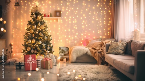 Cozy living room with Christmas tree, decorations, and presents. Warm holiday atmosphere with festive lights.

