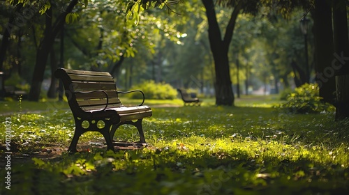 A wooden park bench in a park with a green grassy area in the background.