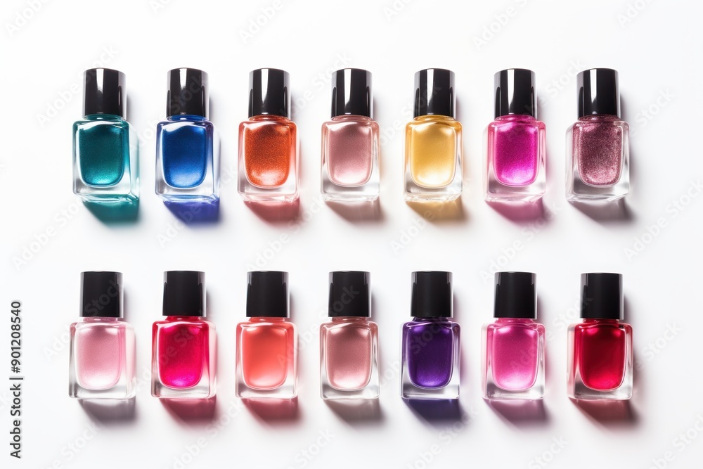 Vibrant collection of assorted nail polish bottles neatly aligned on a pure white surface Vibrant collection of assorted nail polish bottles neatly aligned on a pure white surface