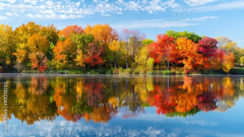 Colorful autumn trees reflected in the lake. Autumn landscape with colorful autumn trees.