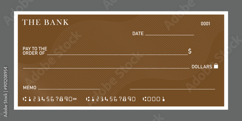 Blank bank cheque with abstract pattern. Personal desk check mockup template with empty field to fill. Vector.