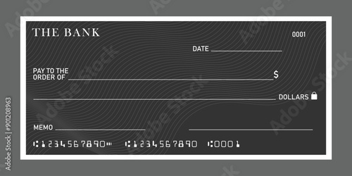 Blank bank check, checkbook cheque template or money payment paper voucher, vector mockup.