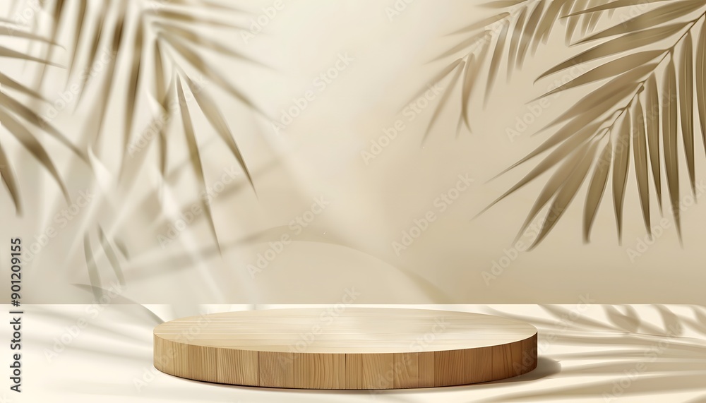 wood podium with tropical leaf on beige background wood podium with tropical leaf on beige background