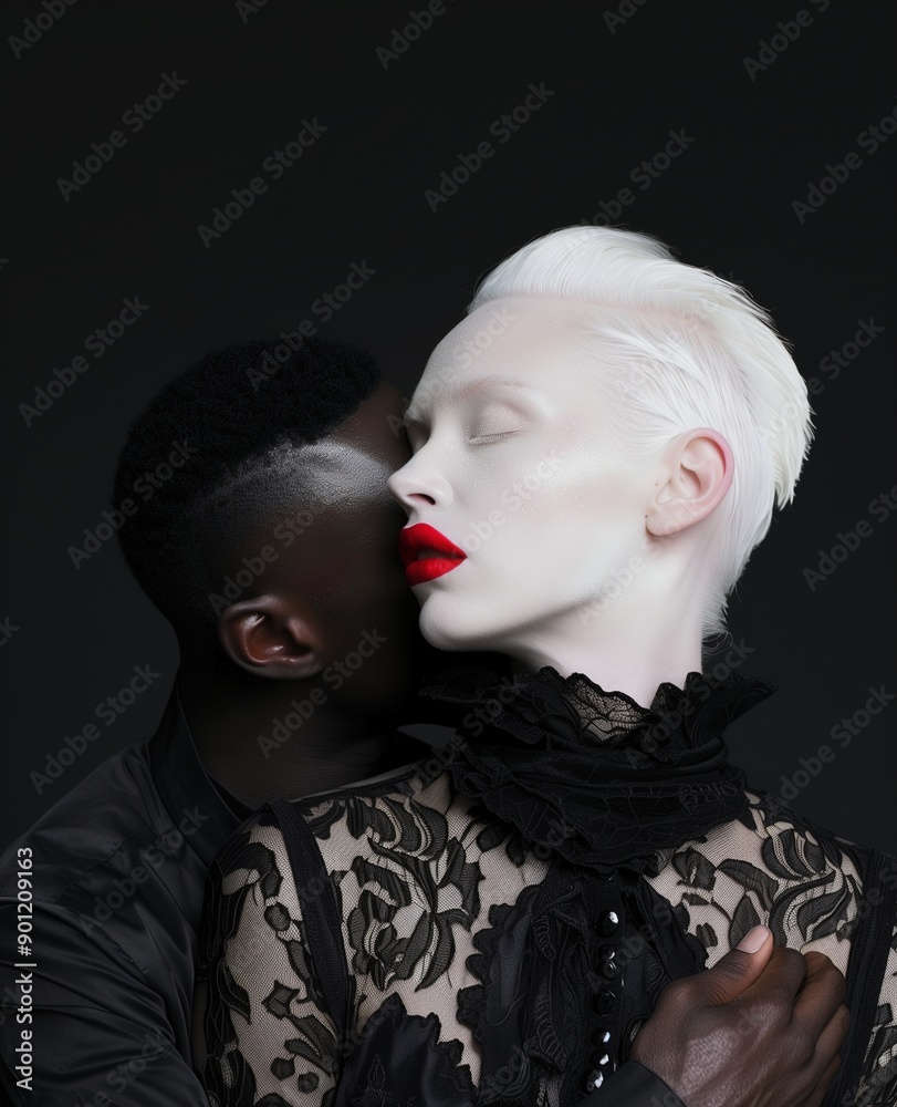 Intimate Portrait of Beautiful Albino Woman With White Hair and Black-Laced Attire Embraced by a Dark-Skinned Man
