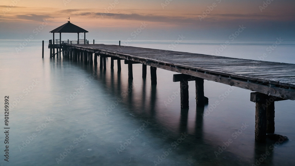 Wooden pier leading into the water at sunset Wooden pier leading into the water at sunset