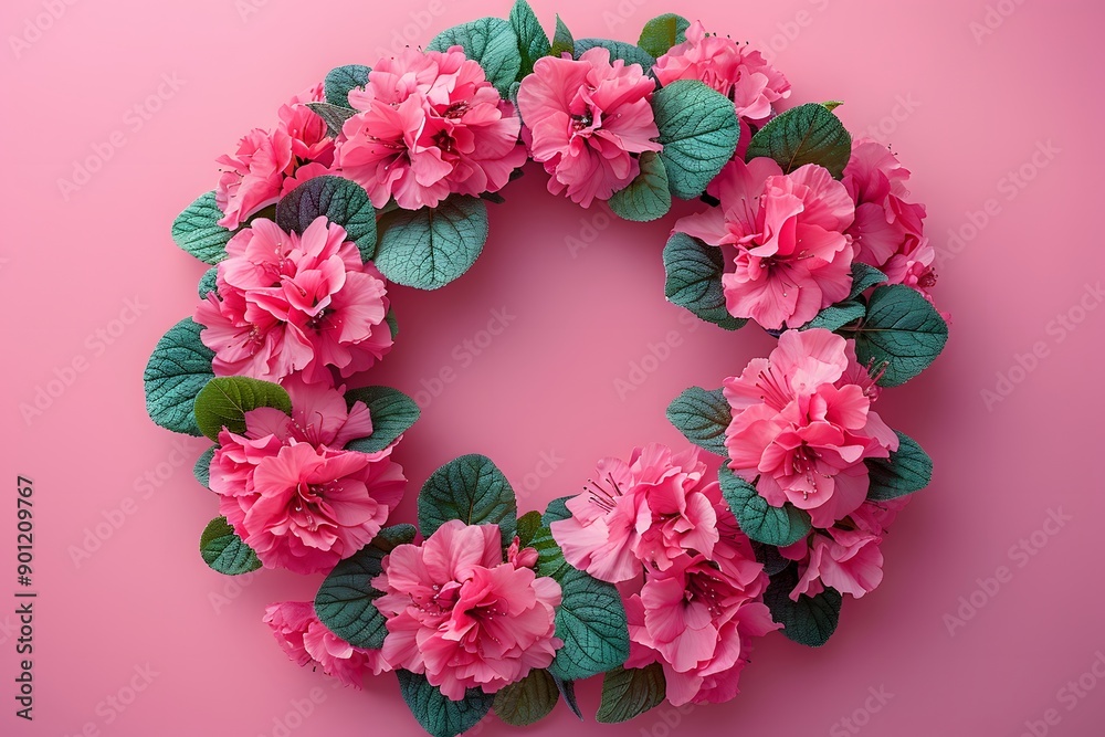 Pink Floral Wreath on Pink Background - Spring Decoration, Greeting Card Design Pink Floral Wreath on Pink Background - Spring Decoration, Greeting Card Design