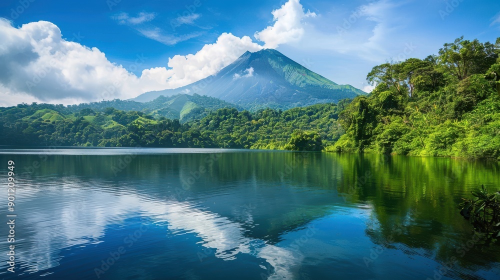 Dormant volcano with lush vegetation on its slopes, a serene lake at its base reflecting the mountain Dormant volcano with lush vegetation on its slopes, a serene lake at its base reflecting the mountain